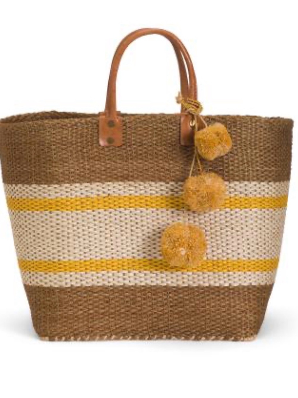 Mar y Sol Woven Straw Tote Bag with Yellow Stripe Pom Pom Accents
